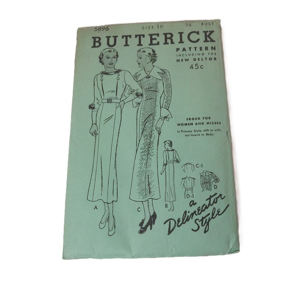 Vintage 1930s Butterick 5896 Dress Sewing Pattern - Misses Size 16 Bust 34 Frock